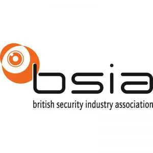 The BSIA logo features a stylised orange eye icon and the text bsia british security industry association in black lowercase letters.