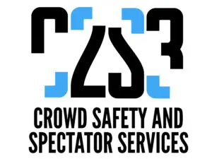 Logo for Crowd Safety and Spectator Services featuring bold stylised letters C2S3 in black and blue above the organisation's name in uppercase black text.