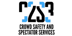 Logo with bold black letters C2S3 surrounded by blue brackets, above the text Crowd Safety and Spectator Services in all capitals.