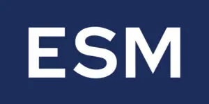White capital letters ESM, representing Enterprise Service Management, are displayed on a solid dark blue background.