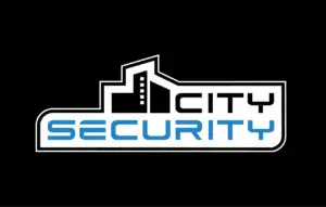 City Security logo with a black and white building outline above the words City Security on a black background; City in black and Security in blue, representing a trusted security company committed to providing professional security services.