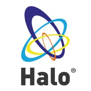 Logo with three interlocking rings in blue, yellow, and orange above the words Halo Solutions in bold black typeface.