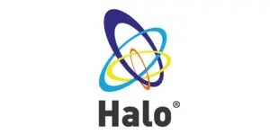 Three interlocking coloured rings, one blue, one orange, and one yellow, are above the word Halo in bold black letters with a registered trade mark symbol, representing the innovative approach of the Halo platform.
