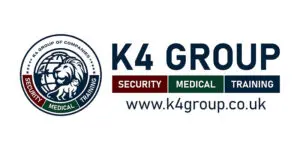 K4 Group logo featuring a lion and lion cub, with text highlighting Security, Medical, Training, and the website www.k4group.co.uk—an emblem representing the strength and unity of K4 Group Services.
