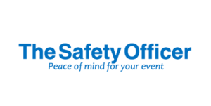 Blue text reads Safety Officer Pty Ltd with the tagline Peace of mind for your event below, on a plain white background.