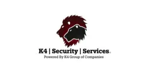 Logo with a maroon lion head and a black lion head, above the text K4 Security Services Powered By K4 Group of Companies, representing the strength and reliability of K4 Group services, all on a white background.