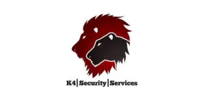 Two stylised animal heads, a red lion and a black panther, overlap above the text K4 Group Services on a white background.
