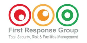 Logo with three coloured circles (red, orange, green) above the bold text: First Response Group. Representing Total Security, Risk & Facilities Management, this design captures the professional identity of First Response Group.