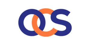 The image shows the letters OCS in bold, with the O and C overlapping. The O is orange, whilst the C and S are dark blue, on a white background—reflecting the distinctive branding often associated with OCS Group for events and venues.