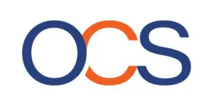 The image shows the letters OCS in a bold, sans-serif font. The O and S are blue, whilst the C is orange. The letters are overlapping slightly, representing the OCS Group’s dynamic presence at events and UK venues.