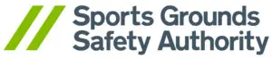 Sports Grounds Safety Authority logo with two green diagonal lines followed by the organisation name in grey text on a white background.