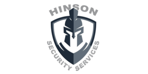 Logo for Hinson Security Services featuring a Spartan-style helmet inside a shield, with the company name “Hinson Security Services” curved above and below the emblem, reflecting the strength and reliability of our security services.