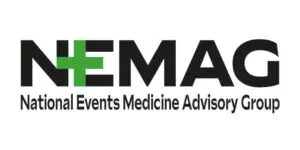 NEMAG logo with a green medical cross forming the letter E and National Events Medicine Advisory Group written below in black text.