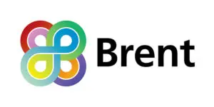A colourful abstract looped design appears next to the word Brent in bold black text on a white background, evoking the vibrant and diverse spirit of the London Borough of Brent.