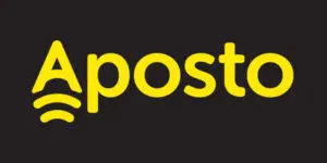 The word Aposto in bold yellow font on a black background, with three yellow curved lines under the letter A..