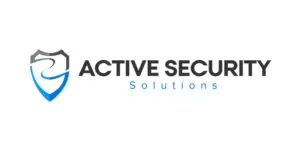 Logo for Active Security Solutions, a North Yorkshire-based security company, featuring a grey and blue shield graphic on the left and the company name in black and blue text on a white background.