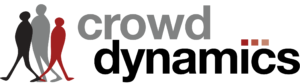 Logo for crowd dynamics with three stylised human figures walking, coloured black, grey, and red, alongside the words crowd dynamics in large, bold typeface. Designed by Paul Townsend for 2024.