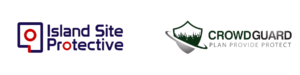 Logos for Island Site Protective and CROWDGUARD, designed by Russ Phillips in 2024. Island Site Protective uses blue and red text; CROWDGUARD features a shield with a crowd silhouette and the slogan PLAN PROVIDE PROTECT.