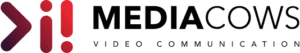 MediaCows logo with a maroon and red abstract icon on the left, black MEDIACOWS text, and grey VIDEO COMMUNICATION text underneath, designed by Sander Teunissen for 2024.