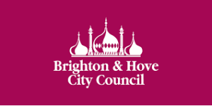 Brighton & Hove City Council logo with a white domed building silhouette on a magenta background, as seen in 2024 and often associated with council leader Ian Baird.