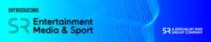 Banner with text: Introducing SR Entertainment Media & Sport, A Specialist Risk Group Company, on a blue background with abstract wave patterns. Featuring a 2024 vision from Gary Brooks.