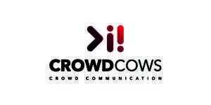 Logo featuring a purple-pink abstract symbol above the words CROWD COWS and CROWD COMMUNICATION in black capital letters on a white background. Designed with a modern touch, this logo reflects the creative vision of Sander Teunissen 2024.