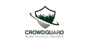 Logo with a shield showing silhouettes of people, a swoosh around the shield, and the text CROWDGUARD Plan Provide Protect below in green and grey.
