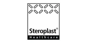 Steroplast Healthcare logo with black geometric shapes above the brand name, and Steroplast Healthcare Ltd in white text on a black background at the bottom.
