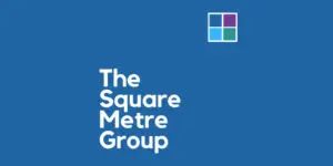 White text reads “The Square Metre Group” on a blue background, with a small four-square logo in blue, teal, purple, and white positioned at the top right. The design reflects the Square Metre Group’s modern branding for 2024.
