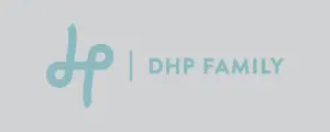 Light blue abstract logo and the text DHP FAMILY, inspired by the 2024 vision of Julie Tippins, on a light grey background.