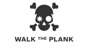 Black skull and crossbones icon with an eyepatch and a star-shaped mark on one eye, above the bold text WALK THE PLANK in capital letters. Designed by Gareth Hughes for 2024, this striking emblem captures a modern twist on classic pirate imagery.