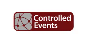 Logo for Controlled Events featuring a maroon rectangle, crisp white text that reads “Controlled Events”, and a stylised network graphic with interconnected nodes—all set against a sleek grey background.