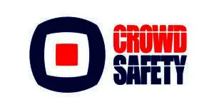 Logo with a blue and red abstract shape on the left, representing crowd safety, and the words CROWD SAFETY in bold red and blue text on the right.