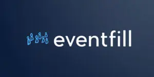 The image shows the word Eventfill Ltd in white text on a dark blue background, with a logo of five stylised blue human figures on the left.