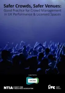 Cover of a guide titled Safer Crowds, Safer Venues showing a blue-tinted crowd at a concert, with logos of supporting organisations at the bottom. The guide offers essential insights into crowd management for UK performance venues and licensed spaces.