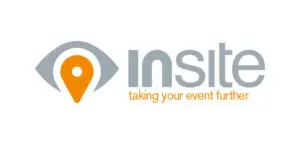 Logo with a grey eye symbol containing an orange map pin, next to the word insite and the tagline taking your event further in orange text, representing In-Site Technology Solutions.