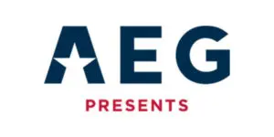 The AEG Presents logo features “AEG” in blue, with the letter A showcasing a distinctive star cut-out, and “PRESENTS” displayed in bold red capital letters below, perfectly capturing the iconic branding of AEG Presents.