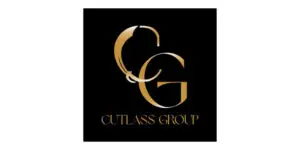 Gold letters CG with a stylised cutlass above the words Cutlass Group on a black background create a bold and distinguished logo for Cutlass Group.