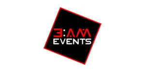 Logo for 3AM EVENTS in stylised red and white text on a tilted black square background with a red border.