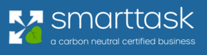 Smarttask logo with four white arrows, a green leaf, and text: a carbon neutral certified business on a blue background.