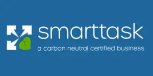 Smarttask logo with white arrows, a green leaf, and the text a carbon neutral certified business on a blue background.