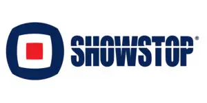 The image shows the Showstop 2025 logo with a blue geometric shape featuring a red square inside, next to the word SHOWSTOP in bold blue letters.