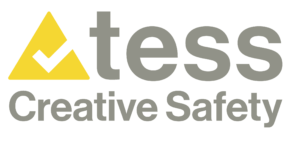 Logo with a yellow triangle and tick next to the word tess in grey text above Creative Safety on a light background, inspired by Tim Roberts’ modern design approach for 2025.