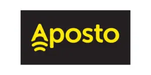 Aposto logo with yellow text on a black background. The letter A includes three curved lines beneath it, resembling a Wi-Fi signal.