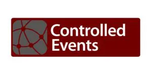 Logo with a maroon background, a grey network icon on the left, and the words Controlled Events in white text on the right.