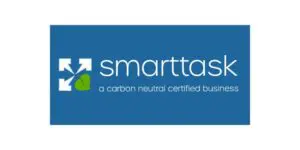SmartTask logo featuring white arrows, a green leaf, and the text “smarttask a carbon neutral certified business” on a blue background, reflecting SmartTask’s commitment to sustainability and excellence in task management.