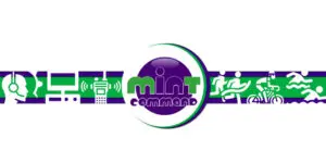 A Mint Command logo sits boldly at the centre, surrounded by sleek icons of a headset, computer, phone, runners, cyclists, and swimmers—all set against a striking green and purple striped background.