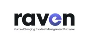Logo for raven with the tagline Game-Changing Incident Management Software. The letter e is stylised in blue, while the rest of the text is black.