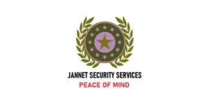 A circular security logo with a star and laurel wreath, representing a trusted security company. Below, the text reads “Jannet Security Services” and “Peace of Mind” in red, reflecting the dedication to exceptional security services.