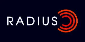 The word RADIUS with concentric orange and red arcs forming a partial circle in place of the letter C on a dark blue background.